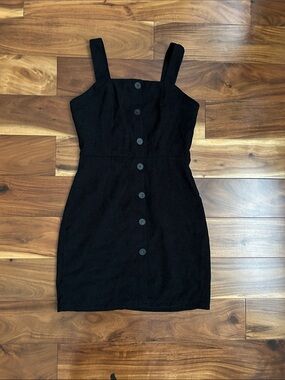 Black Button-Front Square Neck Mini Dress